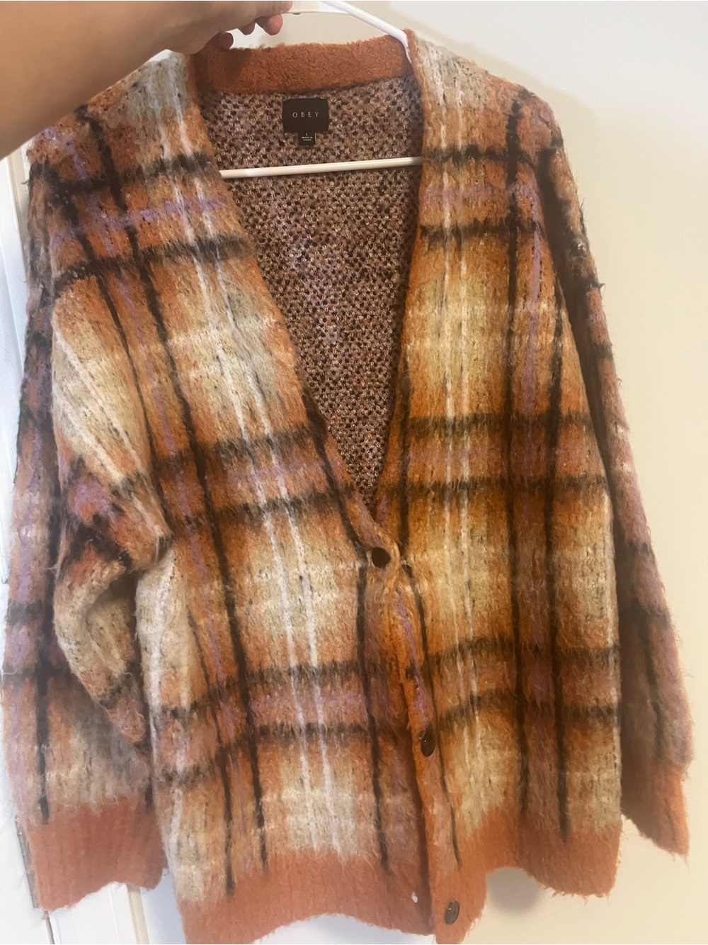 Obey Plaid Rust and Cream Mohair-Blend Cardigan